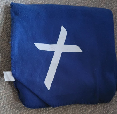 NWOT Blanket Blue White Cross Religious Lap 100% Polyester Lightweight Xfinity