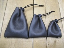 3 Leather Drawstring Pouches, Sharkskin Grey Cowhide, Coins, Hunting, MIsc Use