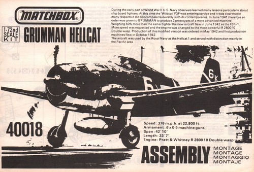 Matchbox Grumman Hellcat Assemly 40018 1-72nd Scale Blooket