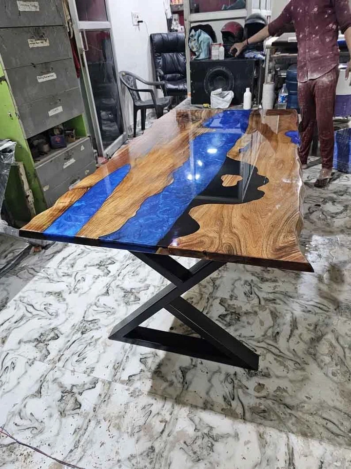 Blue Epoxy Resin Dining Table Top, Epoxy Wooden Live Edge Counter Top, Decor - Image 3 of 4