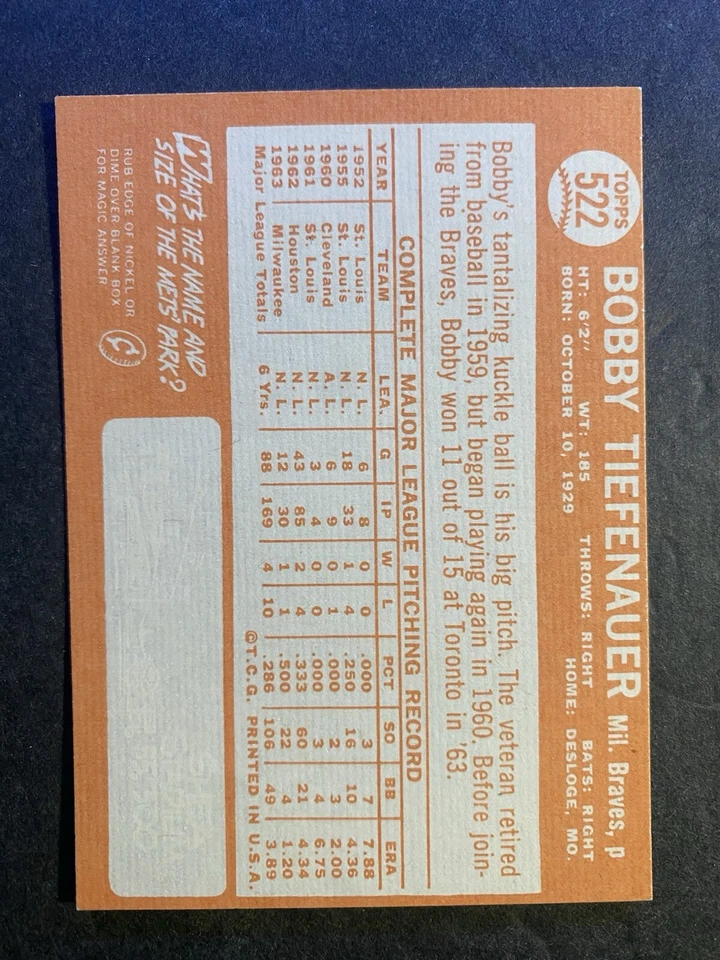 1964 Topps Baseball Bobby Tiefenauer Milwaukee Braves Card #522 - Image 2 of 2