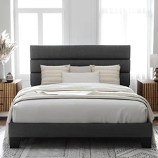 Queen Full King Size Platform Bed Frame with Fabric Upholstered Headboard Wooden