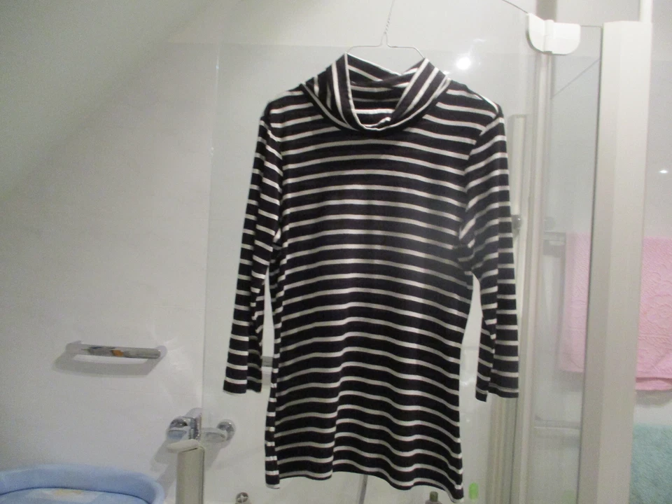 ESPRIT Damen Gr S = 36 - 38 Rolli Pulli Rollkragen Shirt Schwarz + Weiß Streifen - Bild 1 von 4