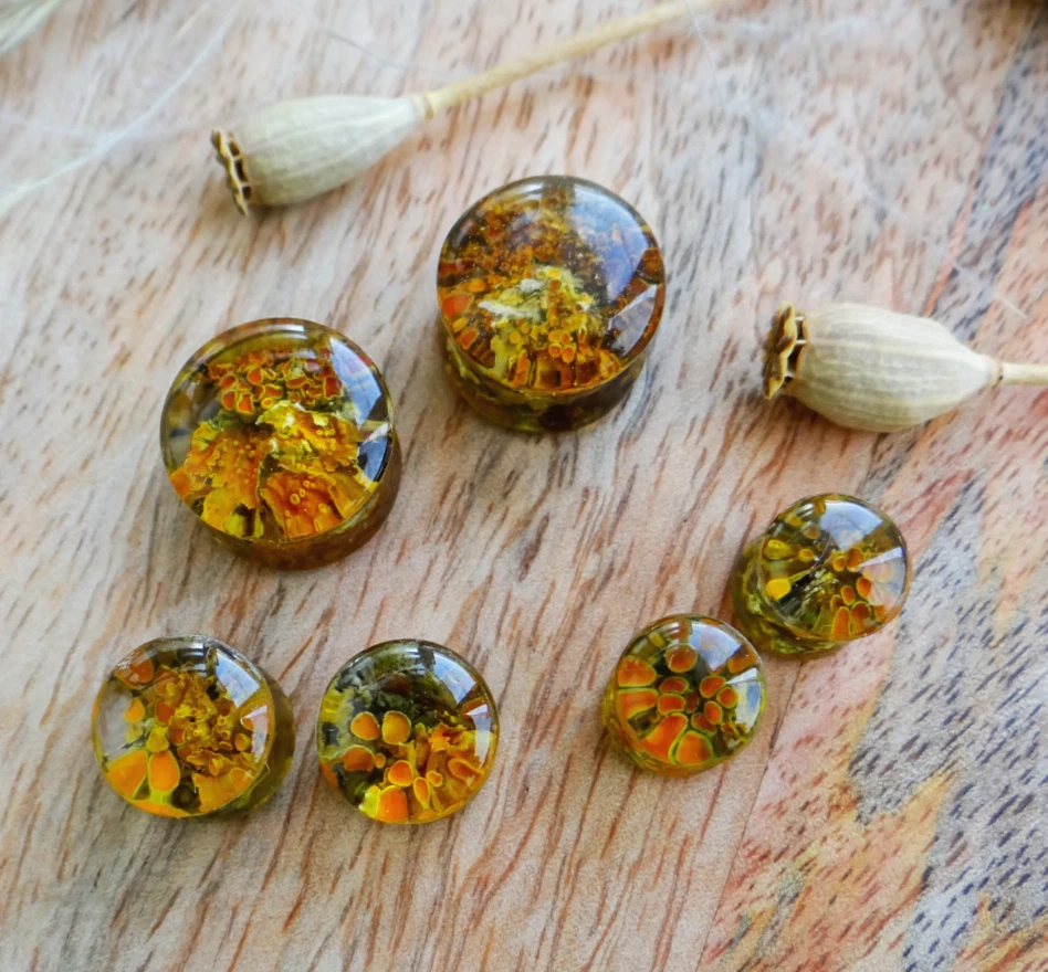 Orange Ear gauges for Men Lichen Resin ear tunnels Large size plugs 2g 00g 28mm - Image 2 of 4