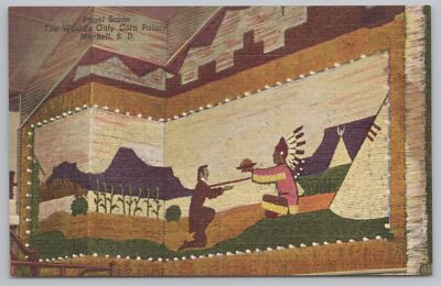 Mitchell SD~Panel Scene In Corn Palace~Indian Chief Presents Food~Vtg Linen PC