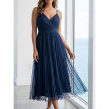 NWT LULU'S navy blue pleated chiffon midi dress S