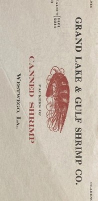Grand Lake & Gulf Shrimp Co Westwego LA Billhead Packers Of Canned Shrimp