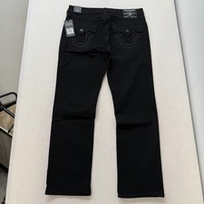 True Religion Ricky Black Denim Jeans Straight Leg Contrast Stitching Arcuate F