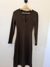 CIDER Brown Ribbed Knit Sweater Dress M, Button Accents, Long Sleeve, Round Neck
