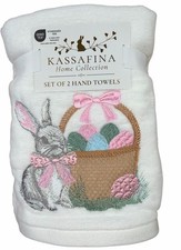 Kassafina 2 Pk Plush Hand Towels Embroidered Spring Easter Bunny Eggs Basket