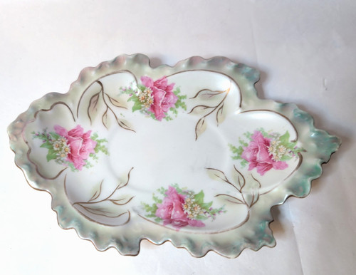 Antique MZ Austria Porcelain 7" Trinket Tray Candy/Nut Dish Floral w/Gold Trim