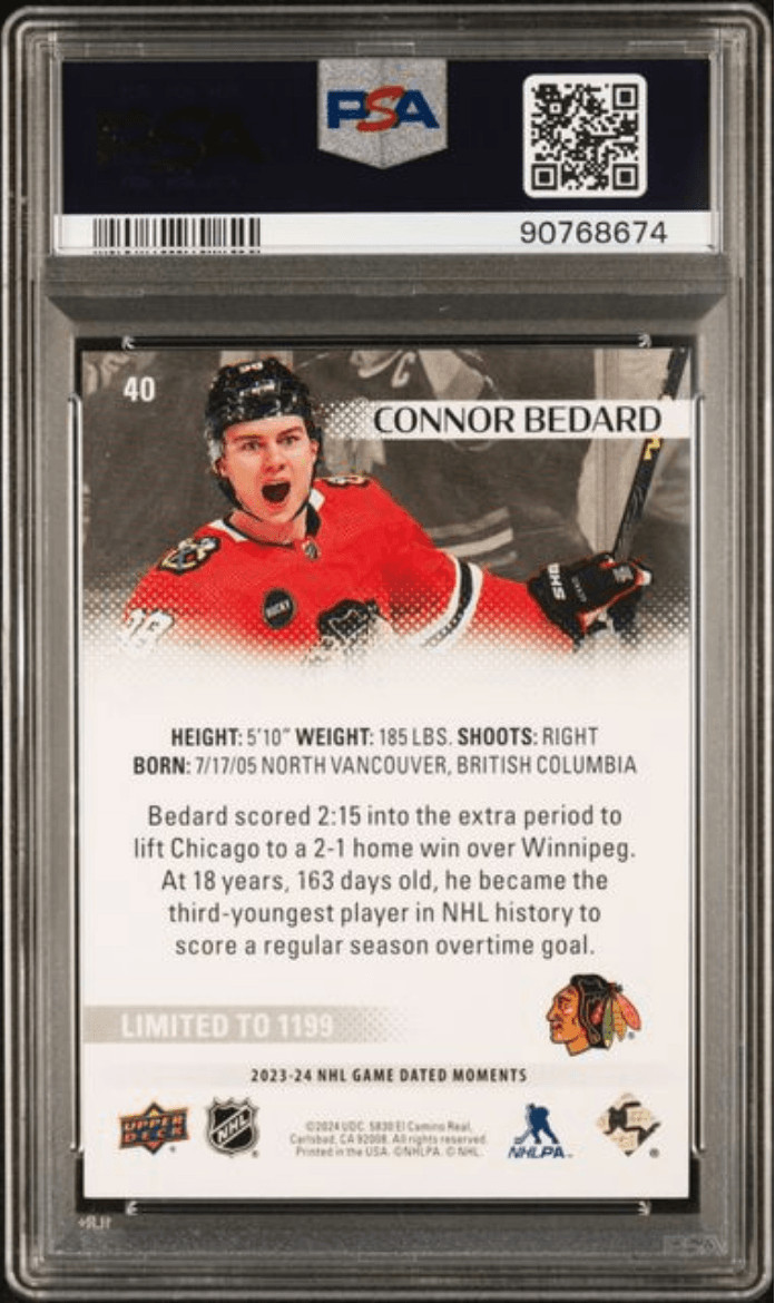Graded 2023 UD Connor Bedard #40 Game Dated Moments Rookie Card PSA 10 view 2