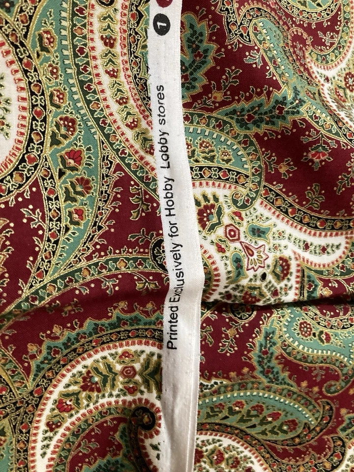 Cotton FabricLight Green Maroon Large Paisley White Gold Accents 29" x 44" Width - Image 3 of 3