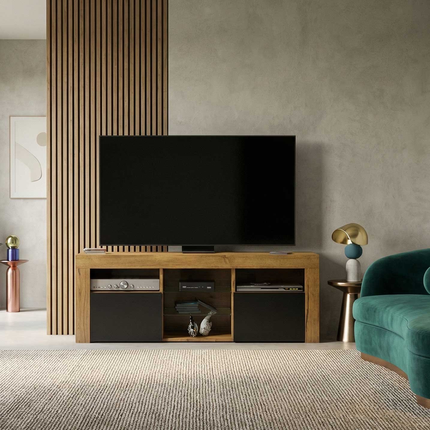 TV Unit TV Stand Cabinet Sideboard Oak Black Media Storage Shelves Console 145cm