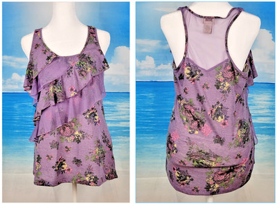 EYELASH COUTURE Woman's ORCHID PURPLE Ruffle Top FLORAL Shirt Stretch size Lg