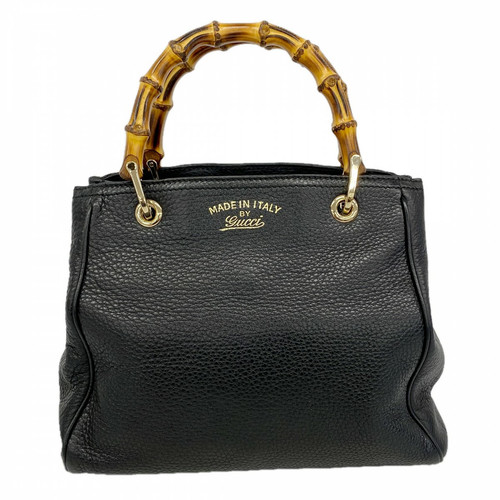 6Ga0272 Gucci Handbag Bamboo 336032 Leather Black Champagne Gold Hardware Used L
