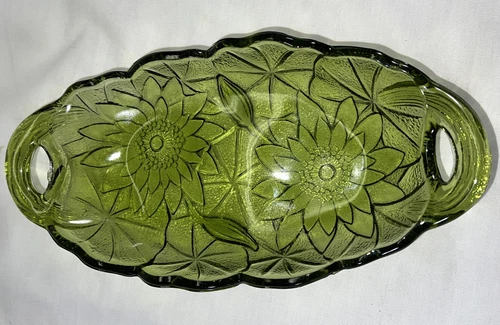 Vintage Indiana Glass Lily Pons Olive‑Green Depression Glass Serving Bowl w/ Han