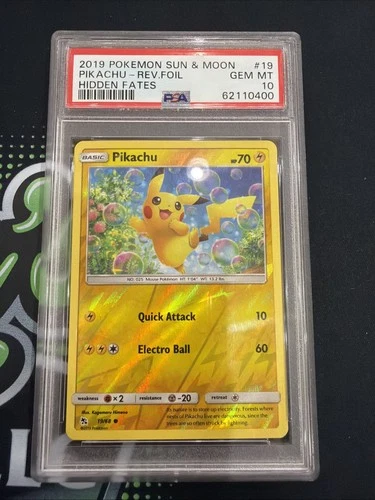 2019 POKEMON SUN & MOON HIDDEN FATES #19 PIKACHU-REVERSE FOIL PSA 10