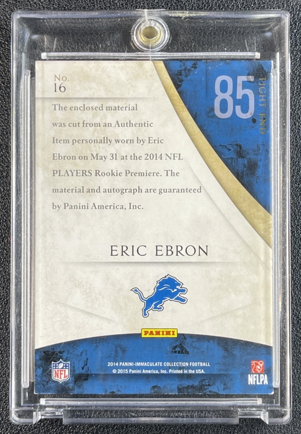 ERIC EBRON 2014 PANINI IMMACULATE #16 ROOKIE INSCRIBED NFL SHIELD PATCH AUTO 1/1 view 2