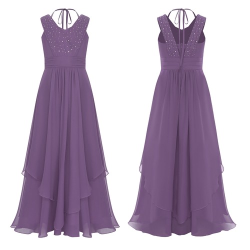 Kids Girls Dress V-neck Sleeveless Pleated Rhinestone Embellished High Waist - Picture 50 of 154