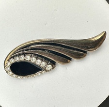 Vintage 80s 90s Art Deco Rhinestone Swirl Brooch Black Enamel Silver Statement