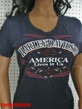 M nwt HARLEY DAVIDSON *Lives*  V-Neck Navy Slub America Lives Tee Shirt Top