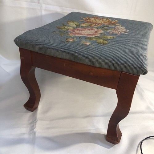 Vintage Floral Needlepoint Footstool Wool Rectangular Victorian Flowers Blue - Picture 6 of 12
