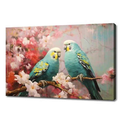 Zwei schöne neuwertige Papageien Liebesvögel auf rosa Blütenbaum Leinwandbild Kunst