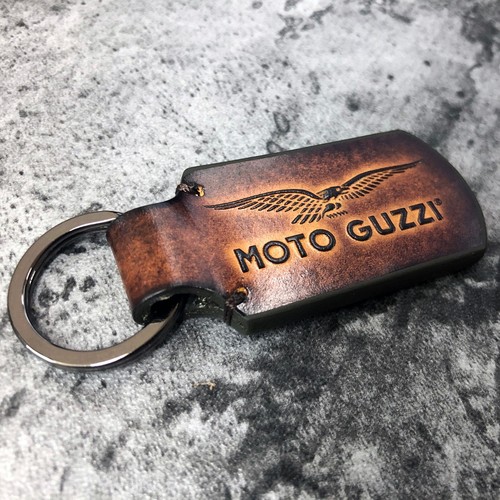 Handmade leather keychain with Moto Guzzi Logo in Brown. 1EA - Picture 2 of 5