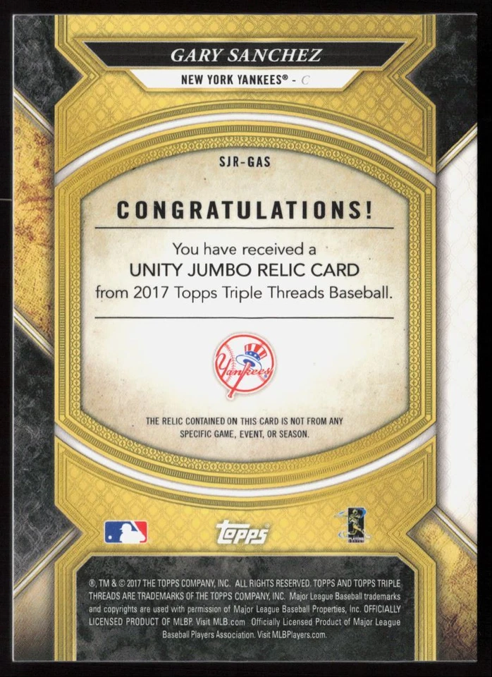 2017 Topps Triple Threads Single Jumbo Unity Relics Gary Sanchez /36 New York - Image 2 of 2