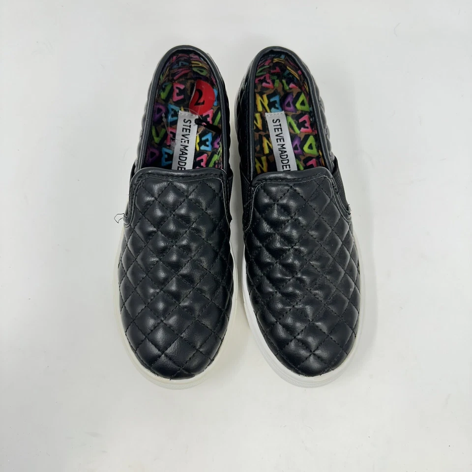 Steve Madden Zapatos Niñas 2 Negro Acolchado Vegano Cuero Mocasines Sin Cordones DF Foto 4 de 4