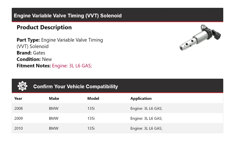 Para BMW 135i 2008-2010 3L L6 motor de gas VVT puertas solenoides 2009 Foto 2 de 4