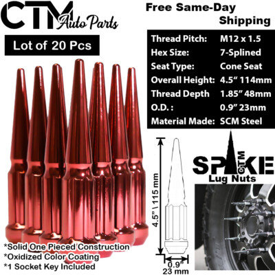 20Pc 4.5'' TALL RED M12x1.5 SPLINE SPIKE LUG NUT+KEY FIT ACURA HONDA MODELS