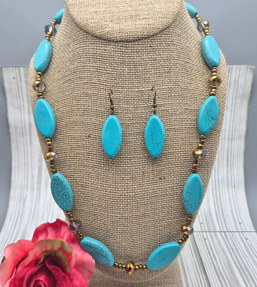 Artisan Bronze Bead & Howlite Stone Faux Turquoise Collar Necklace & Earring Set - Image 3 of 4