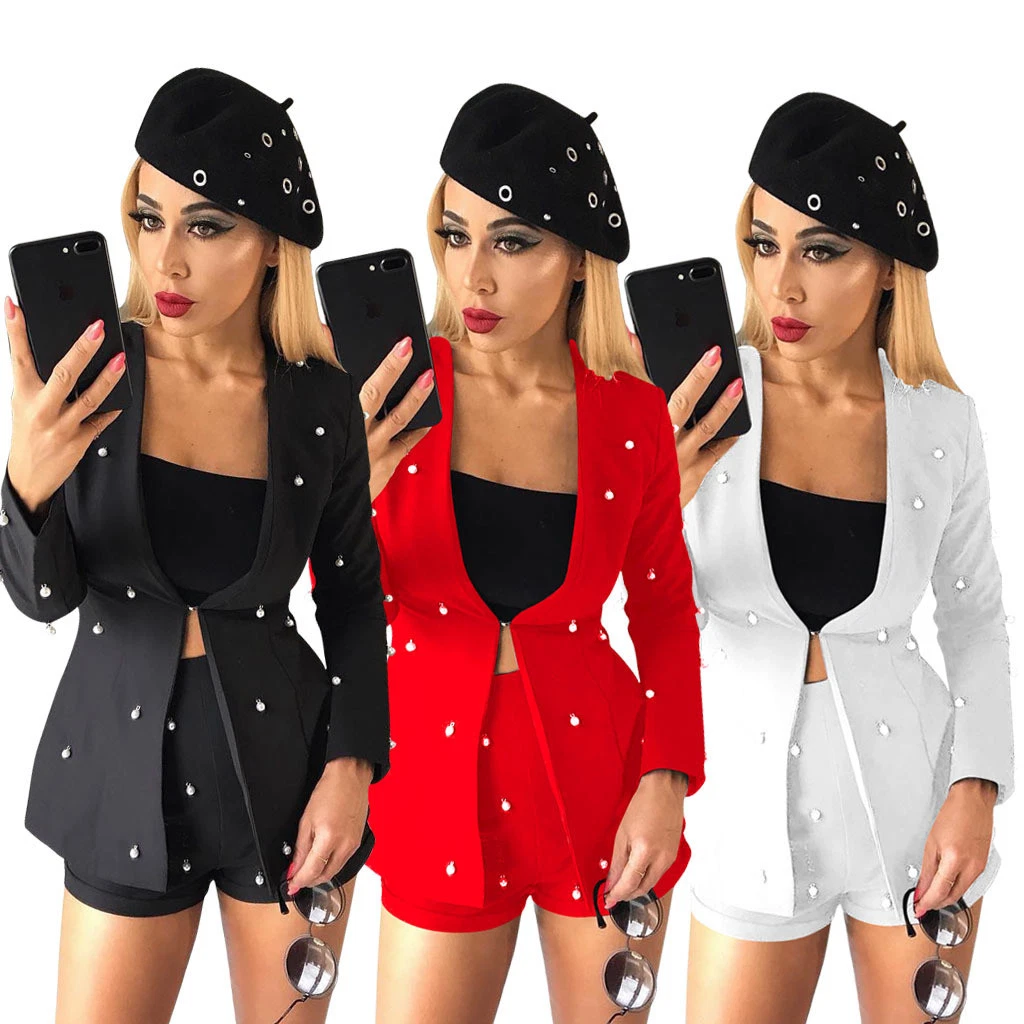 New Women Lady Body Play suit Party Two Piece Set Pearl Blazer