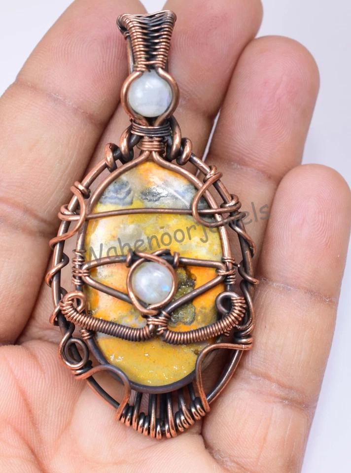 Raro Pendente In Giada Bumble Bee Jasper Con Filo Di Rame Avvolto Bellissimo - Immagine 3 di 4