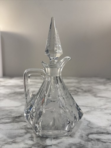 Vintage Crystal Etched Floral Design Vinegar & Oil Cruet w. stopper 7"