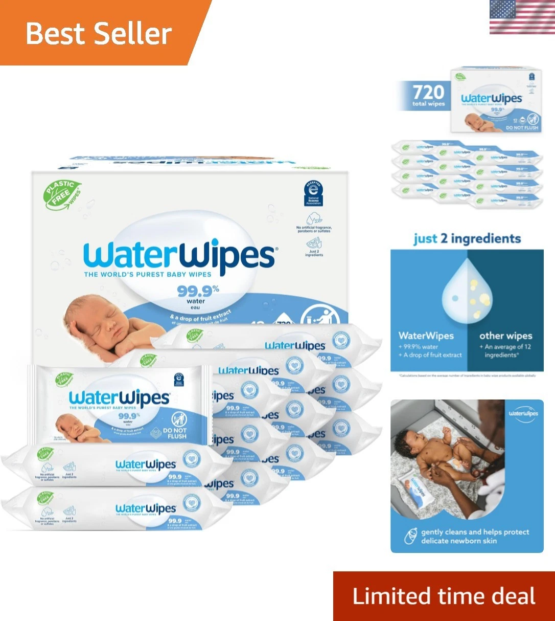 Soft and Gentle 720 Count WaterWipes for Sensitive Skin - Plant-Based Formula