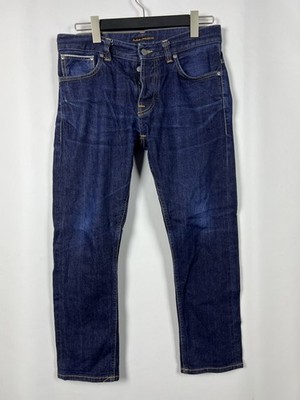 NUDIE GRIM TIM DRY DEEP SELVAGE Denim Blue Regular Slim Fit Jeans Size W32 L28