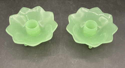 2- Vintage Fenton Jadeite Green Lotus Floral Footed Candlestick Holders Pair