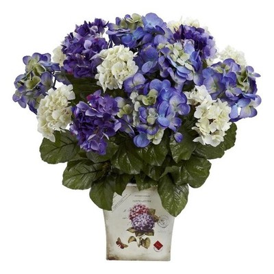 Nearly Natural Mixed Hydrangea with Floral Planter in Blue