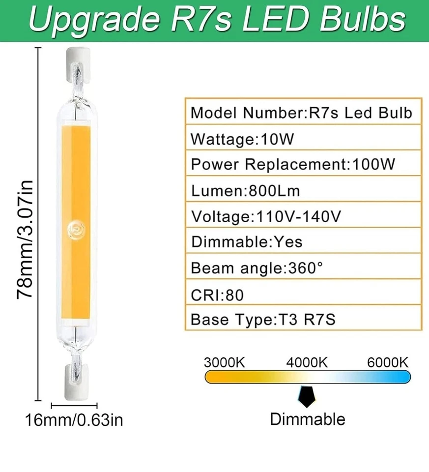78mm R7S LED Bulb, 10W R7S LED Light Bulbs, 100W Halogen Bulb Replacement T3... - Image 2 of 4
