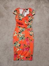 Lipsy London Floral Scuba Bodycon Dress in Orange Cap Sleeve V-Neck Size UK 8
