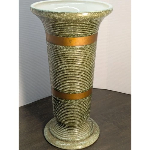 Vintage Hull Ribbed MCM Tall Vase 102 Olive Green W/Gold Bands 11.5 in 1950s