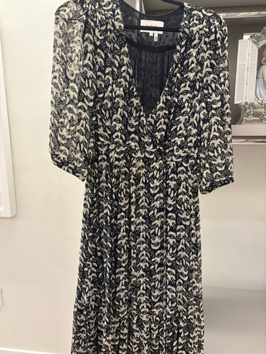 BA&SH Short Sleeve Tiered Midi Lady Dress Black, Navy, Cream Size Small