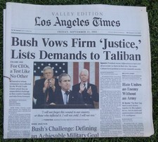 LOS ANGELES TIMES FRIDAY SEPTEMBER 21, 2001 NEWSPAPER BUSH VOWS JUSTICE DEMANDS
