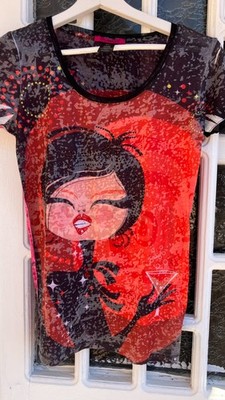 Vintage Custo Barcelona Mod Girl Cocktail Graphic Top Y2K Rhinestone - 1 US XS