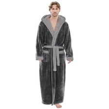 Men  s Plush Hooded Bathrobe Full Length Big  Tall Fleece Robe Warm Soft