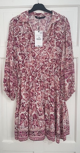 ZARA PINK ECRU FLORAL PRINT JOHNNY COLLAR MINI RUFFLED HEM DRESS SIZE L BNWT - 第 1/10 張圖片