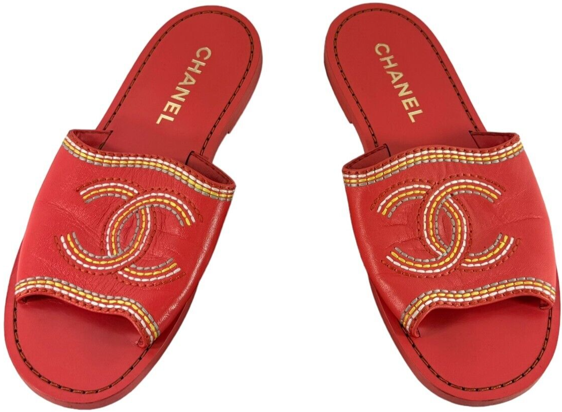 【大人可愛い】CHANEL サンダル CHANEL Orange Leather Interlocking CC Stitching Women's